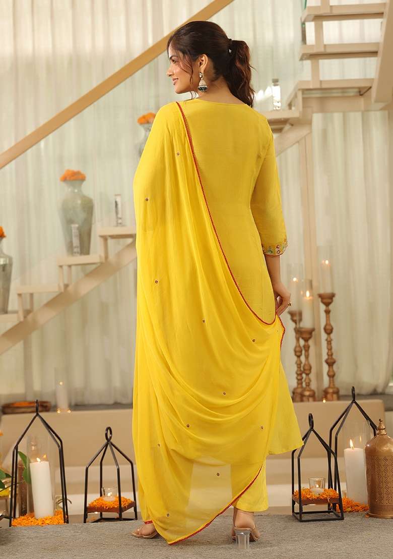 Yellow Embroidered Tissue Straight Kurta Set - Indya