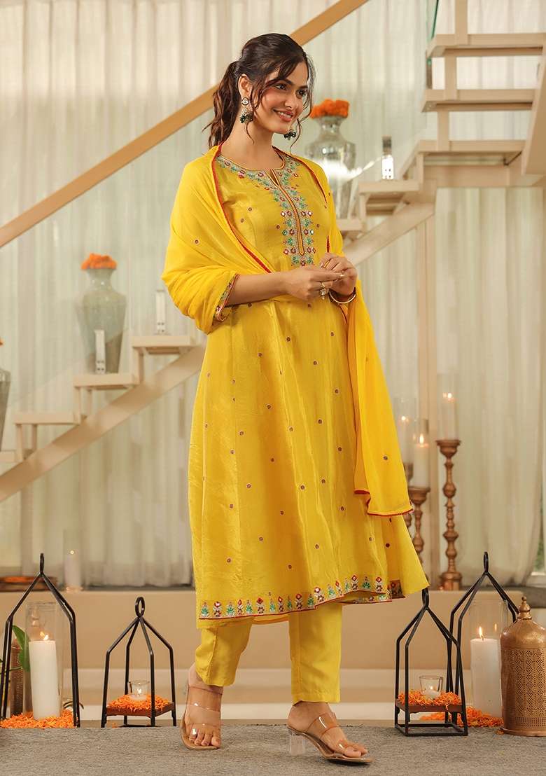 Yellow Embroidered Tissue Straight Kurta Set - Indya