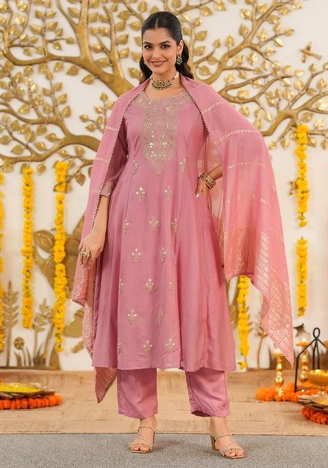 Mauve Embroidery Chanderi Anarkali Set