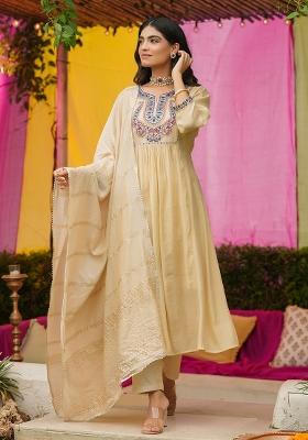 Beige Embroidery Chanderi Anarkali With Dupatta