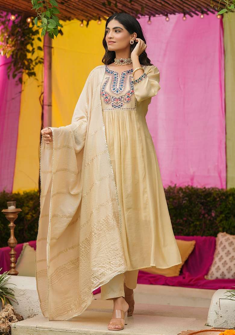 Beige Embroidered Chanderi A Line Kurta Set - Indya