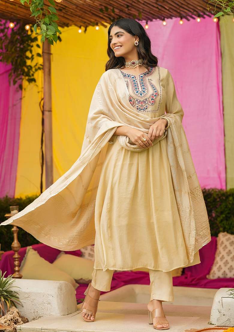 Beige Embroidered Chanderi A Line Kurta Set - Indya