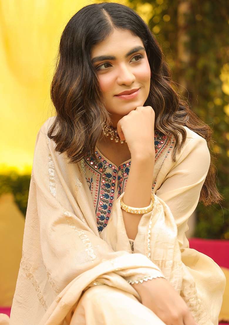 Beige Embroidered Chanderi A Line Kurta Set - Indya