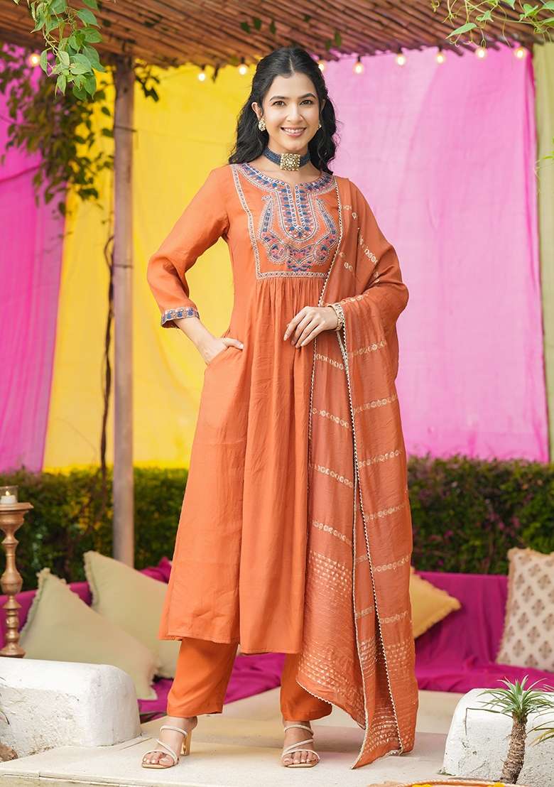 Rust Orange Embroidered Chanderi Anarkali With Dupatta - Indya