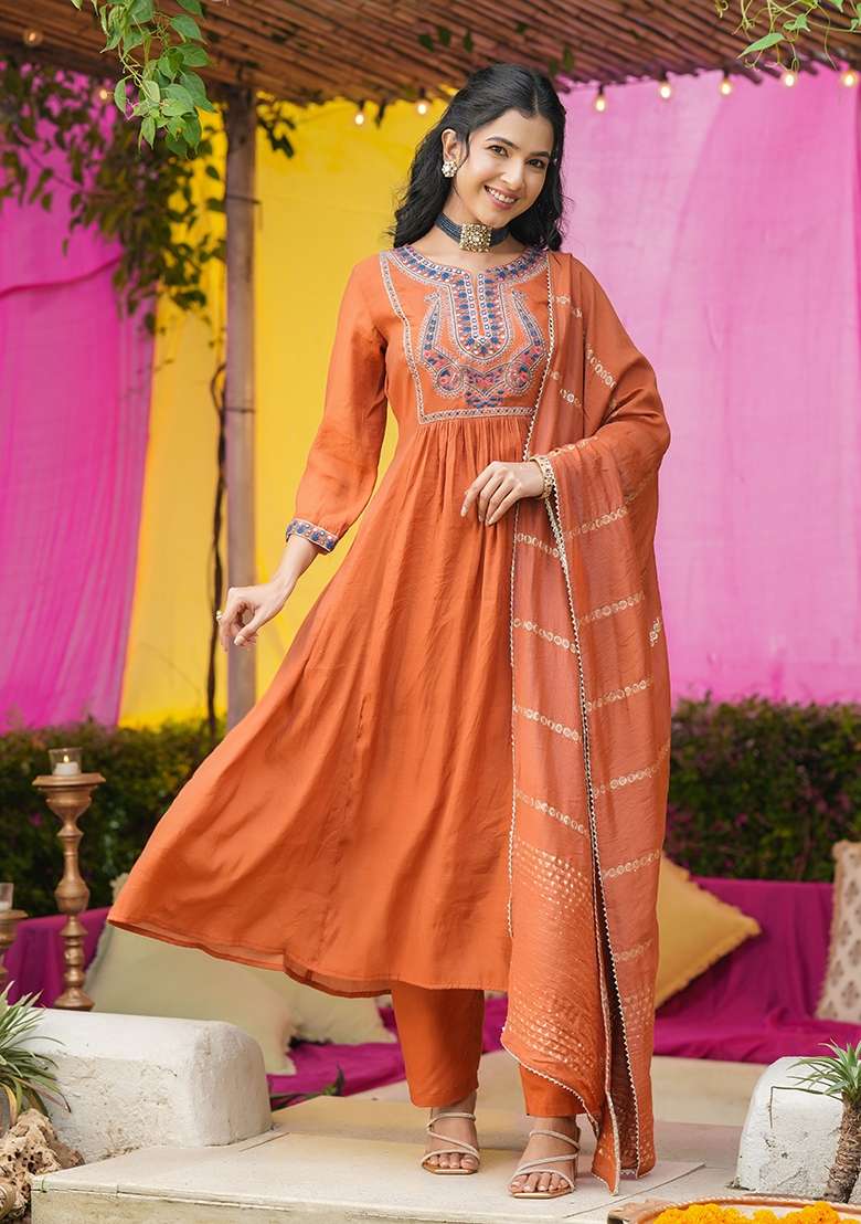 Rust Orange Embroidered Chanderi Anarkali With Dupatta - Indya