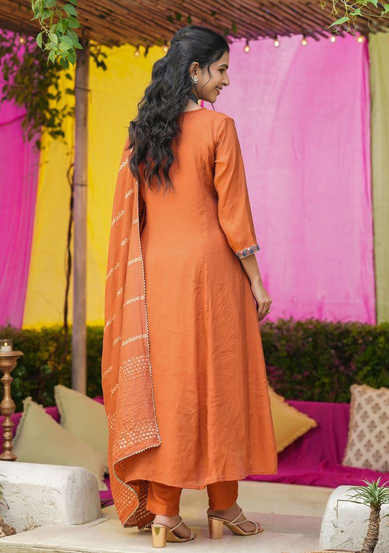 Rust Orange Embroidered Chanderi Anarkali With Dupatta - Indya
