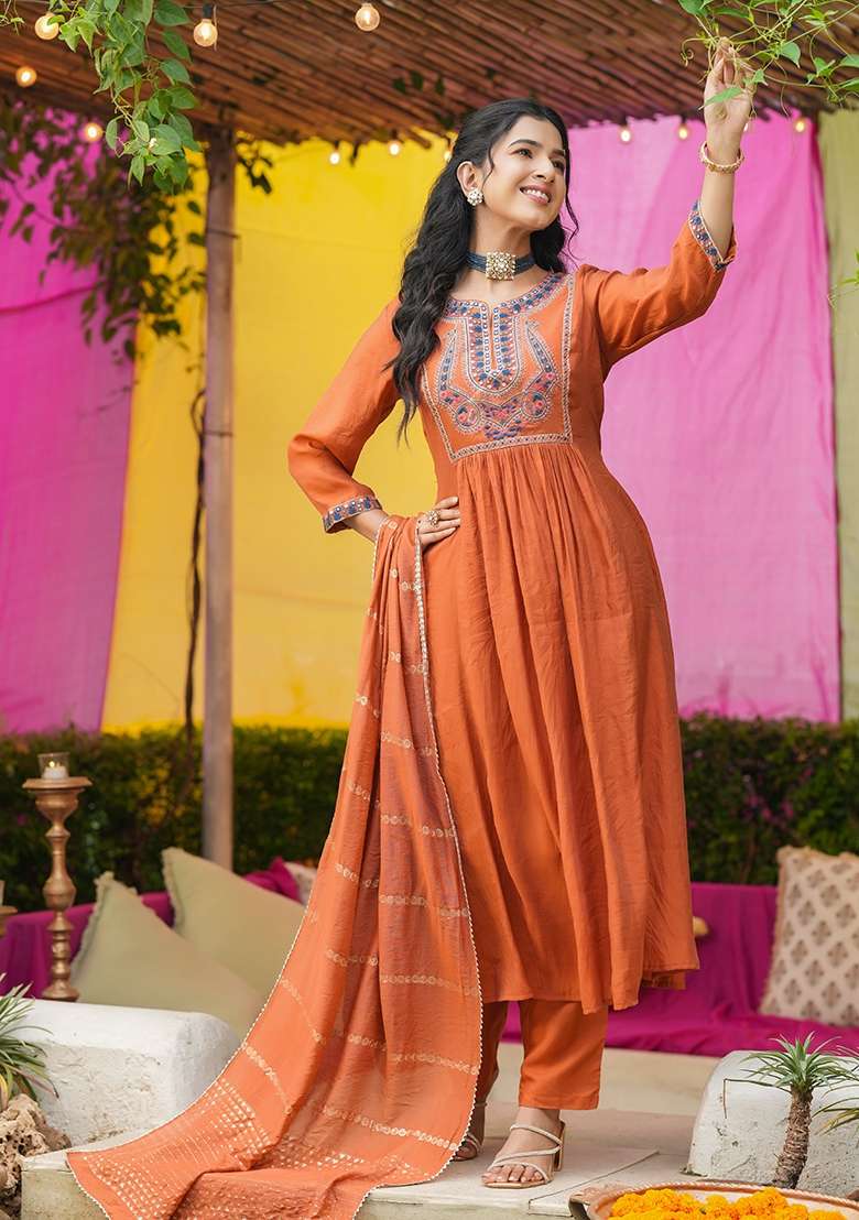Rust Orange Embroidered Chanderi Anarkali With Dupatta - Indya