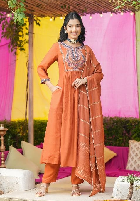 Rust Orange Embroidered Chanderi Anarkali With Dupatta