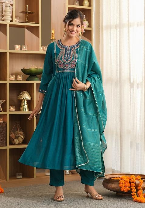 Teal Embroidery Chanderi Anarkali Set