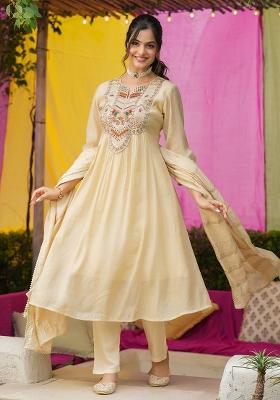 Beige Embroidery Chanderi Anarkali With Dupatta