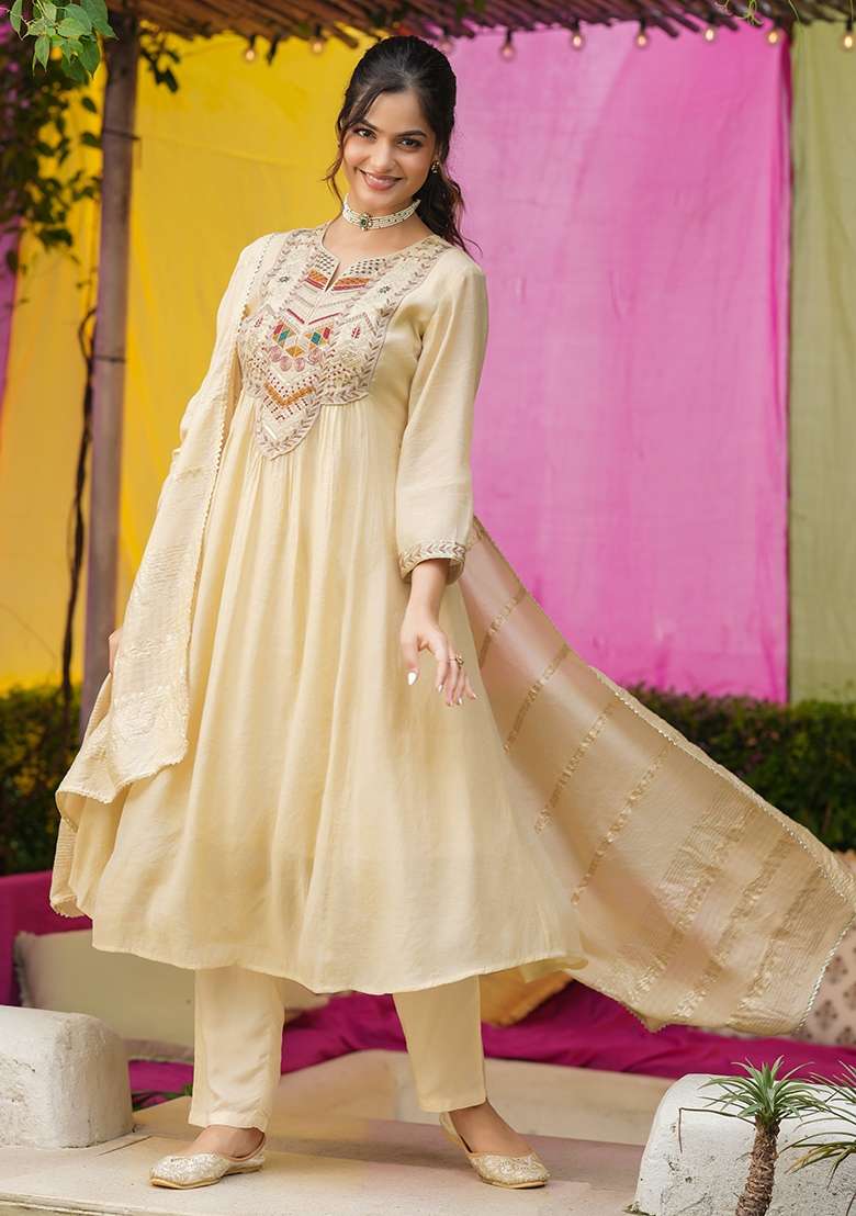 Beige Embroidered Chanderi Anarkali With Dupatta - Indya