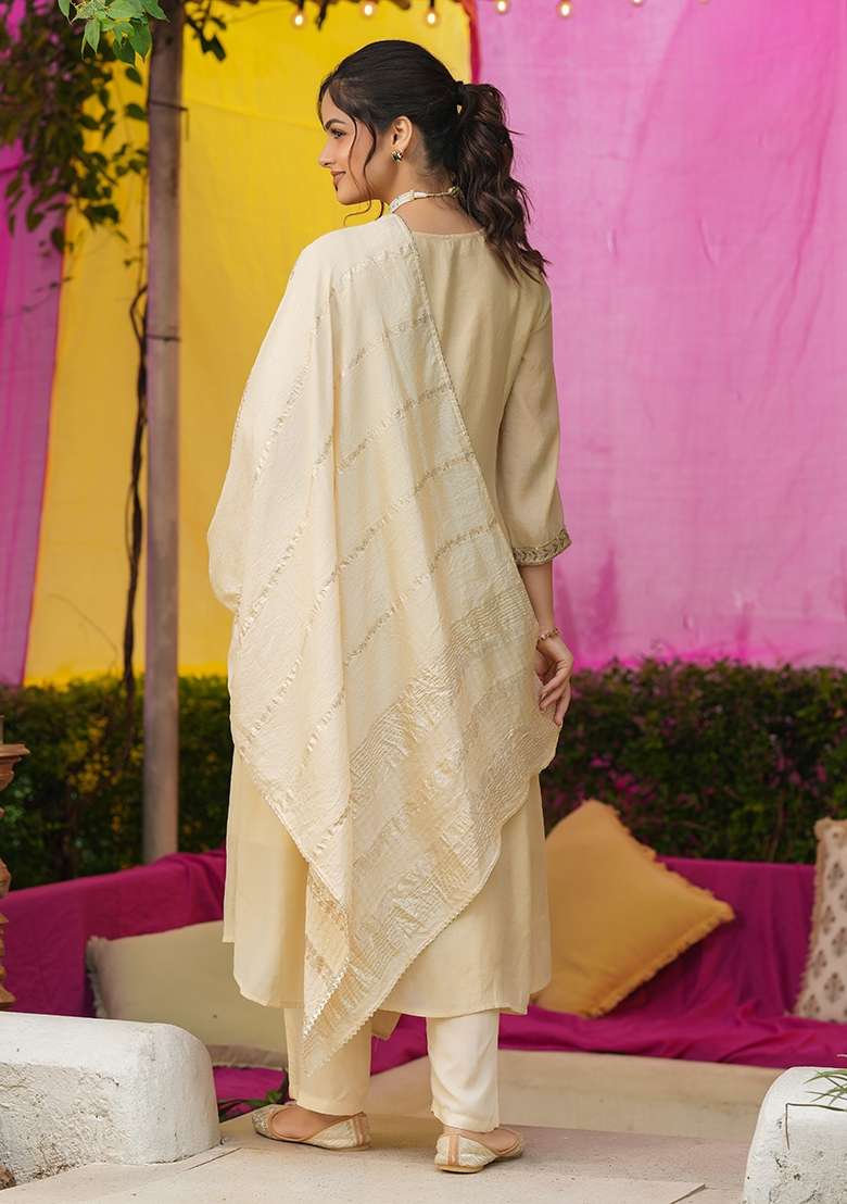 Beige Embroidered Chanderi Anarkali With Dupatta - Indya