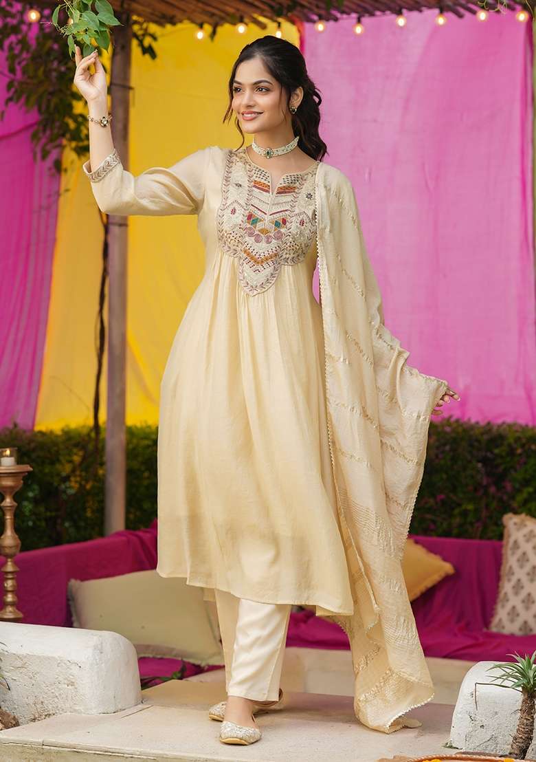 Beige Embroidered Chanderi Anarkali With Dupatta - Indya