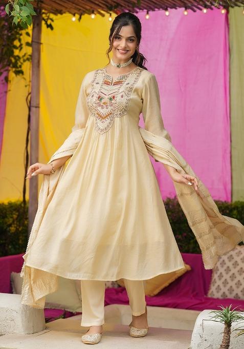 Beige Embroidered Chanderi Anarkali With Dupatta — view on Indya