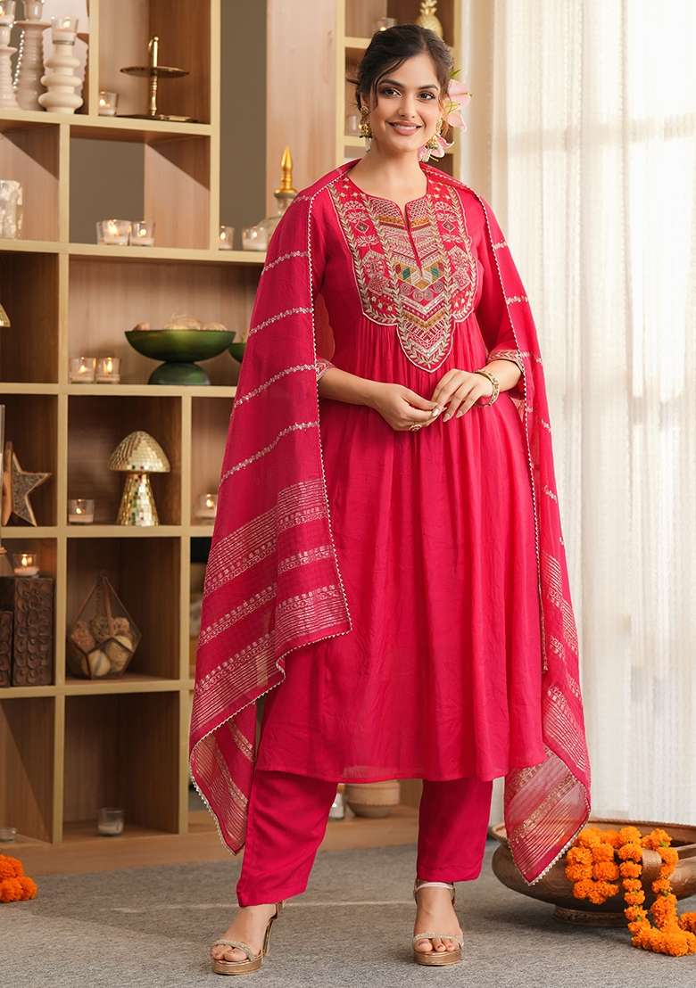 Red Embroidered Chanderi Anarkali With Dupatta - Indya