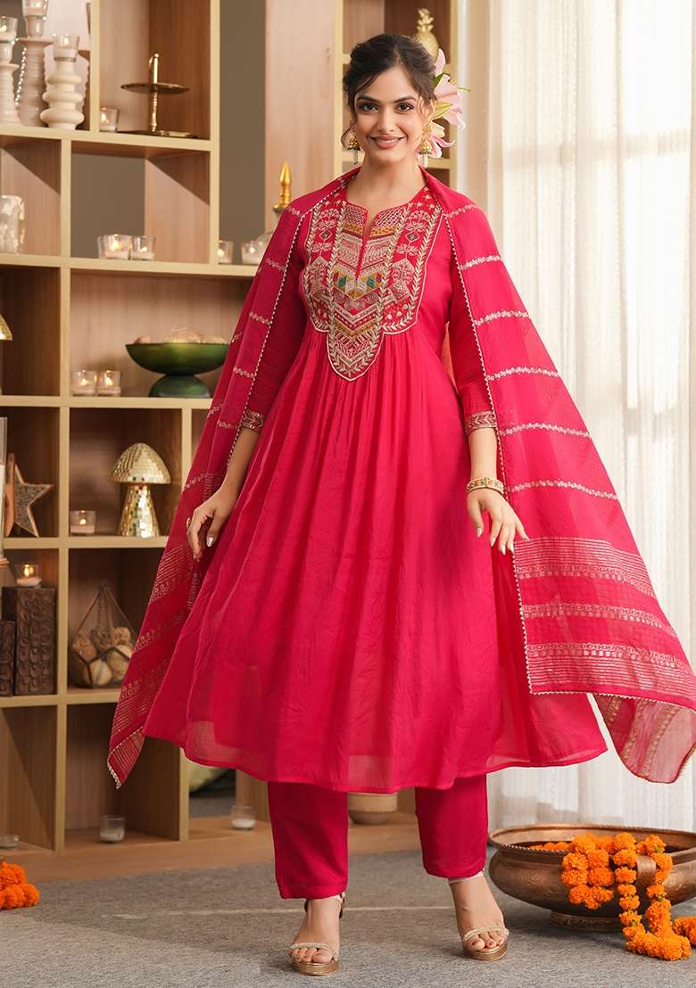 Red Embroidered Chanderi Anarkali With Dupatta - Indya