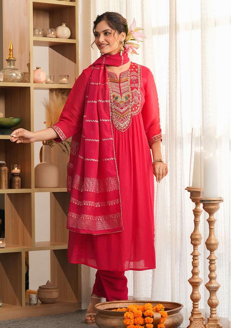 Red Embroidered Chanderi Anarkali With Dupatta - Indya