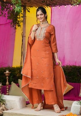 Rust Orange Embroidery Chanderi Straight Kurta Set