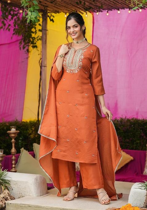 Rust Orange Embroidered Chanderi Straight Kurta Set