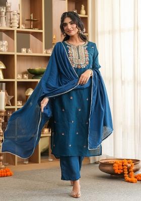 Teal Embroidery Chanderi Straight Kurta Set
