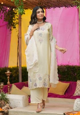 Ivory Embroidery Tissue Straight Kurta Set