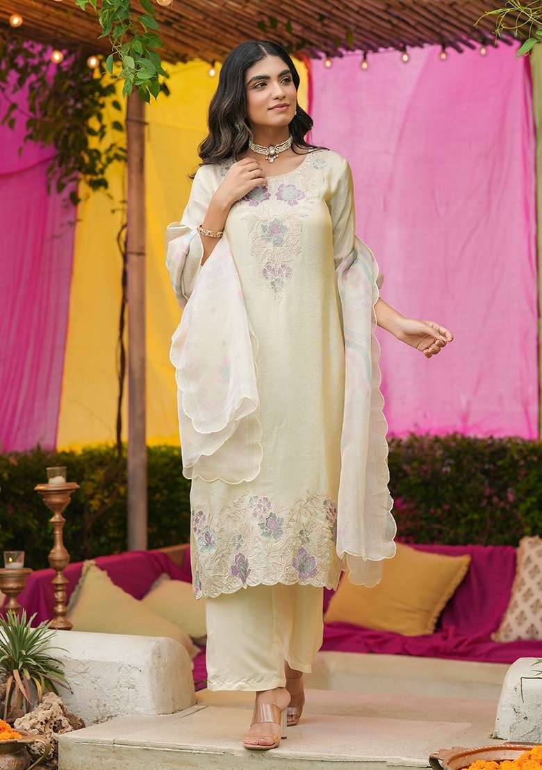 Ivory Embroidered Tissue Straight Kurta Set - Indya