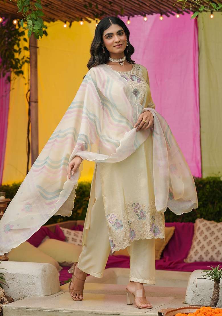 Ivory Embroidered Tissue Straight Kurta Set - Indya