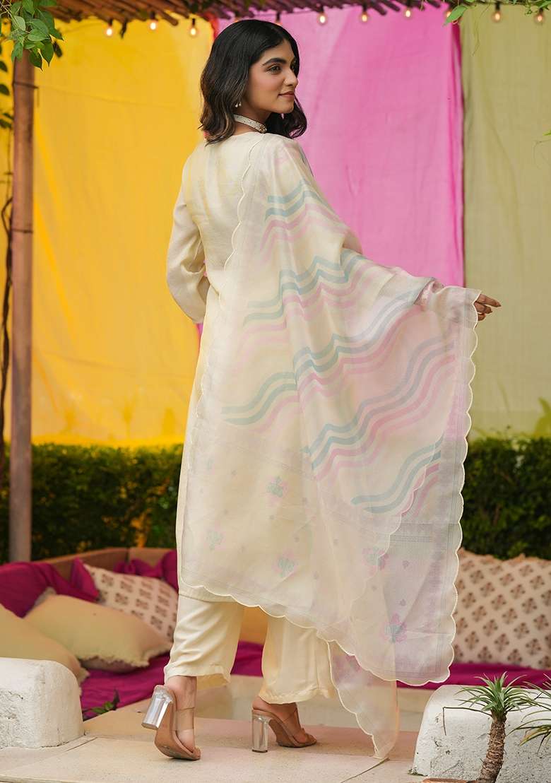 Ivory Embroidered Tissue Straight Kurta Set - Indya