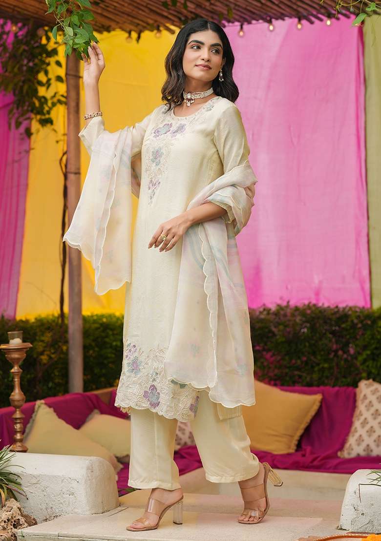 Ivory Embroidered Tissue Straight Kurta Set - Indya