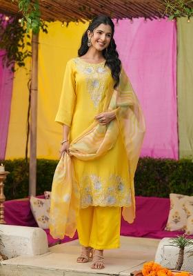 Yellow Embroidery Tissue Straight Kurta Set