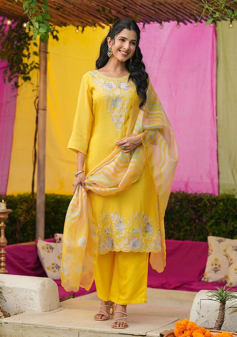 Yellow Embroidered Tissue Straight Kurta Set - Indya