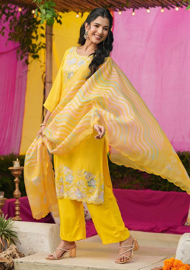Yellow Embroidered Tissue Straight Kurta Set - Indya