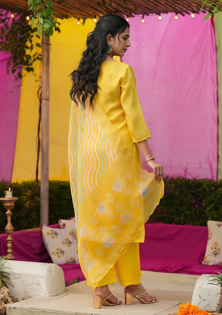 Yellow Embroidered Tissue Straight Kurta Set - Indya
