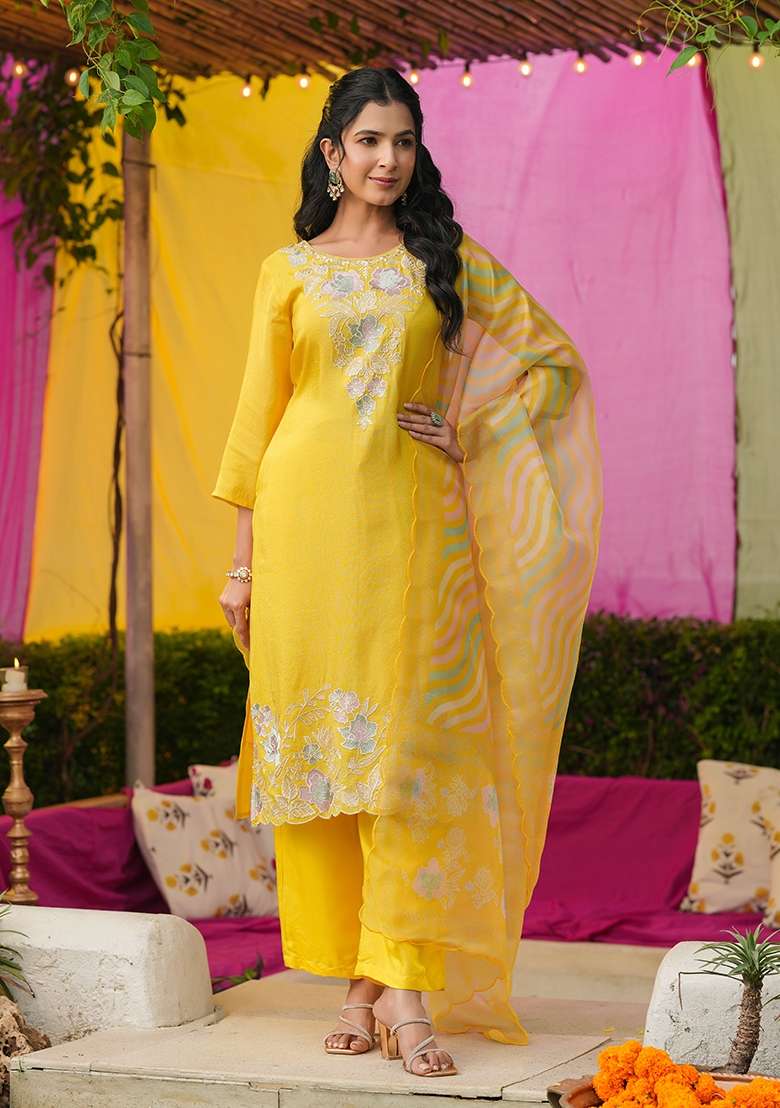 Yellow Embroidered Tissue Straight Kurta Set - Indya