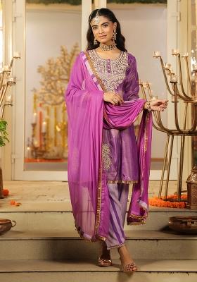 Purple Embroidery Tissue Anarkali With Dupatta