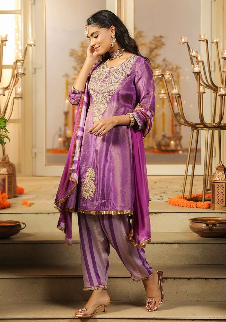Purple Embroidered Tissue Sharara Set - Indya