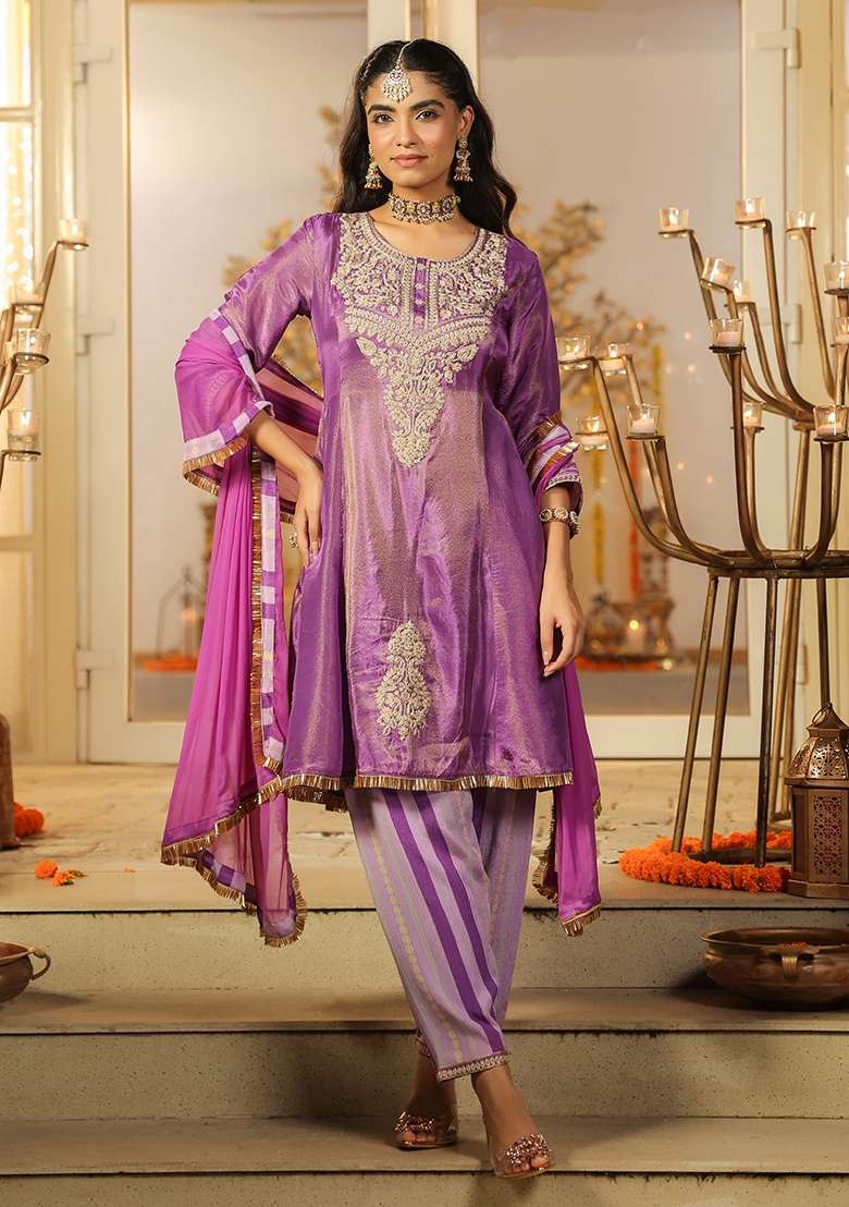 Purple Embroidered Tissue Sharara Set - Indya