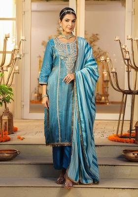 Teal Embroidery Tissue Straight Kurta Set