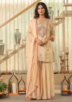 Beige Embroidery Tissue Sharara Set