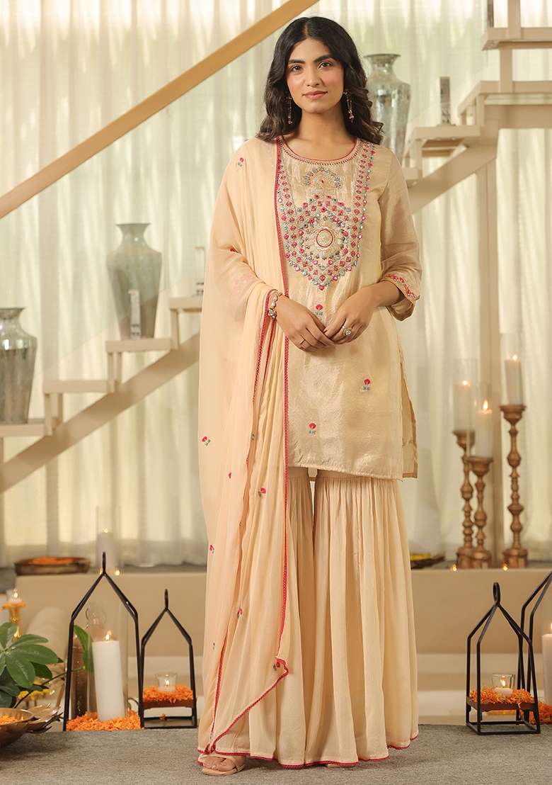 Beige Embroidered Tissue Sharara Set - Indya