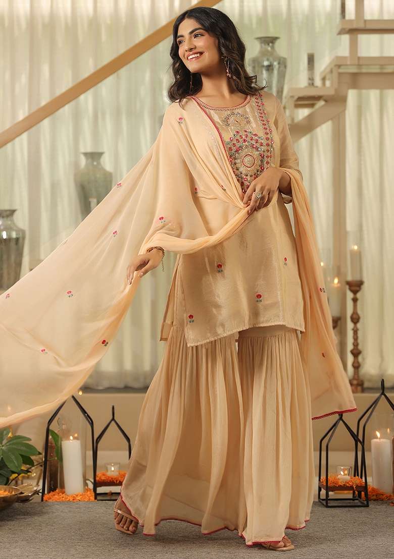 Beige Embroidered Tissue Sharara Set - Indya