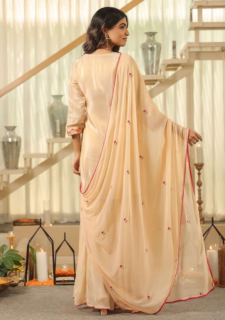 Beige Embroidered Tissue Sharara Set - Indya