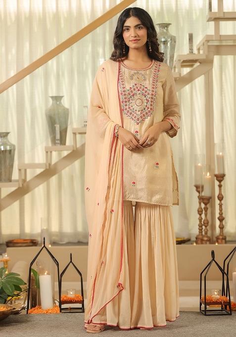 Beige Embroidery Tissue Sharara Set