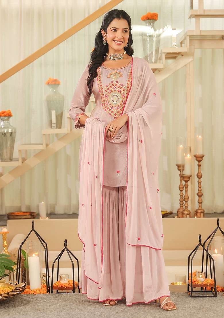 Lavender Embroidered Tissue Sharara Set - Indya