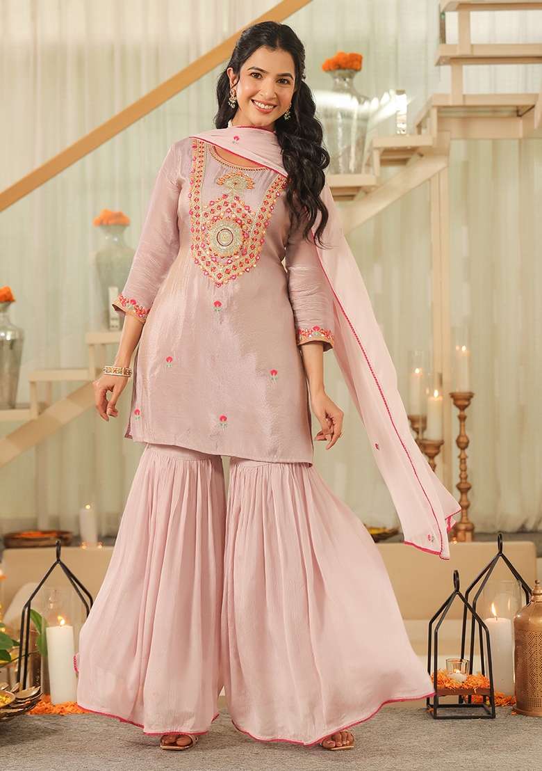 Lavender Embroidered Tissue Sharara Set - Indya