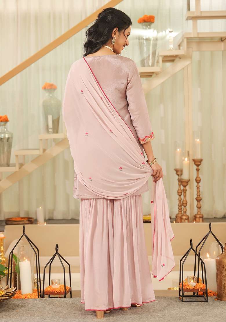 Lavender Embroidered Tissue Sharara Set - Indya