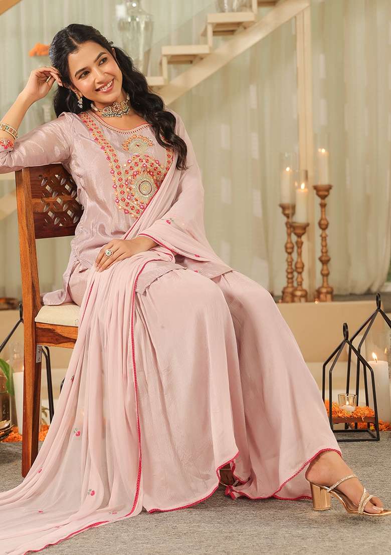 Lavender Embroidered Tissue Sharara Set - Indya