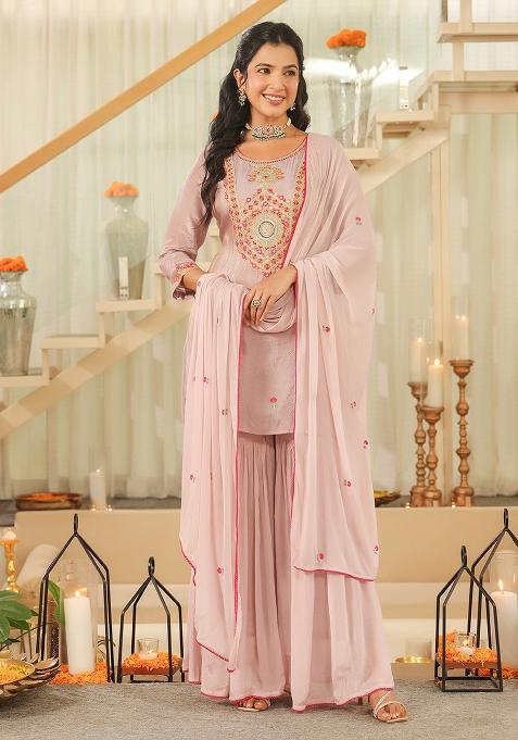 Lavender Embroidery Tissue Sharara Set