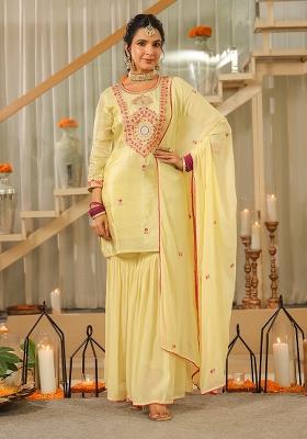 Pista Green Embroidery Tissue Sharara Set