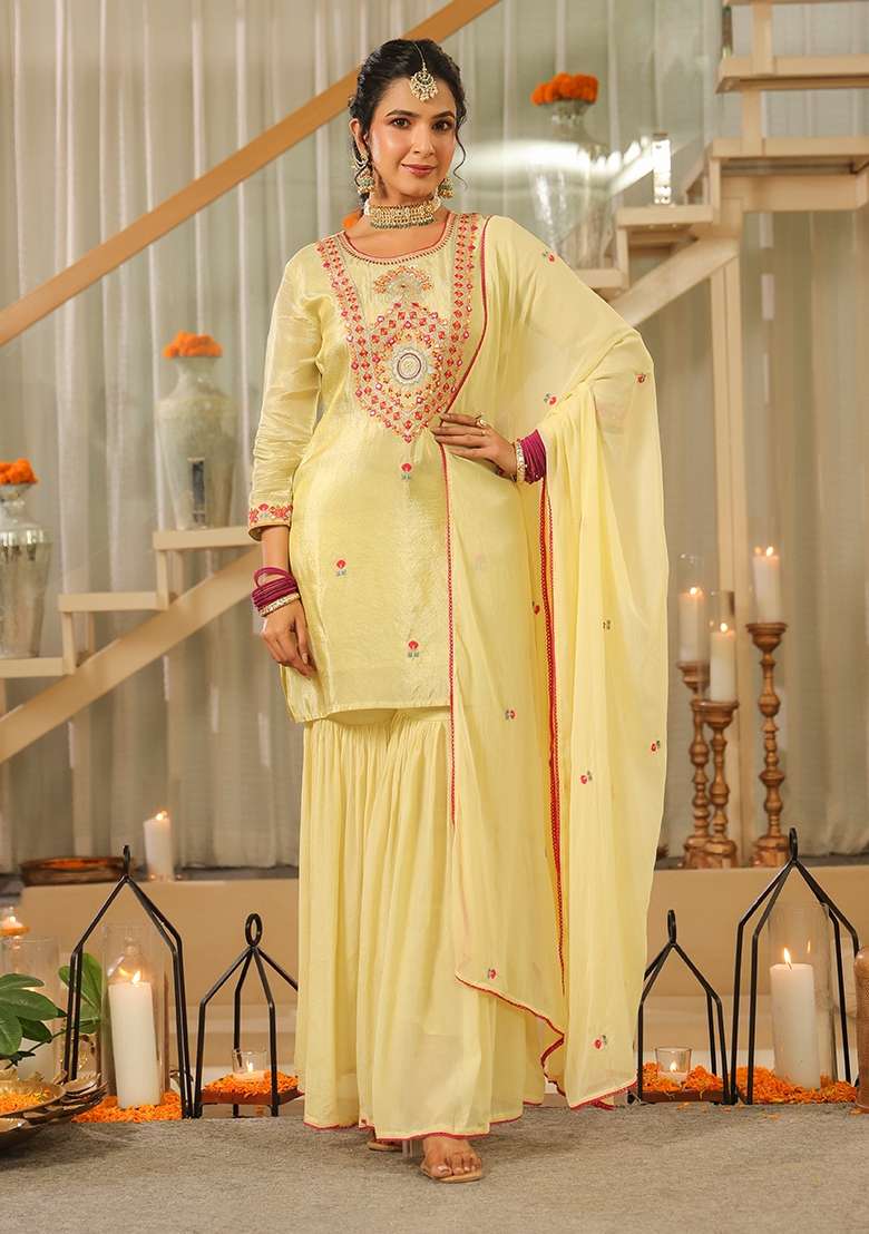 Pista Green Embroidered Tissue Sharara Set - Indya